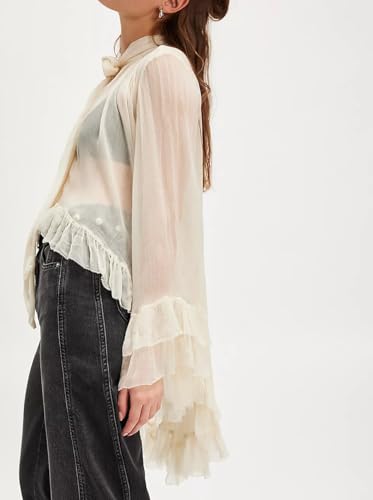 Women Full Sleeve Frill Tops Sexy See Through Sheer Ruffle Trim Blouse Top Self Tie Neck Shawl Shirts Tops4