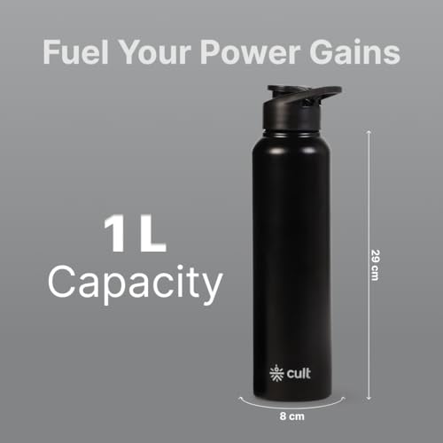 Image of CULT Steel Water Bottle 1 Ltr - Stainless Steel Water Bottle for School Kids, Men & Women | Leakproof Gym Sipper & Metal Fridge Bottle | Insulated 1 Litre Flask for Office & Travel (Black)