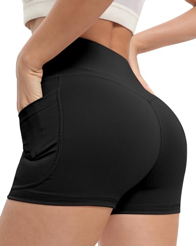NORMOV 4 Packs Spandex Shorts for Women with Pockets, 3'' High Waisted Tummy Control Booty Yoga Shorts2