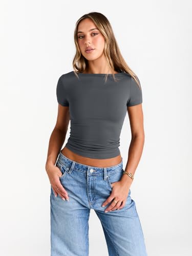 Image of Trendy Queen Womens Boat Neck Tops Short Sleeve Shirts | Compression Basic Tops,Y2K Aesthetic Slim Fit,Professional Business Casual, Polished Teacher Outfits