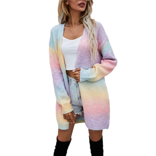 Jamron Damen Moda Tie-Dye Regenbogen Lange Strickjacke Leichtgewicht Cardigan Strickmantel SN602C226 Rosa M