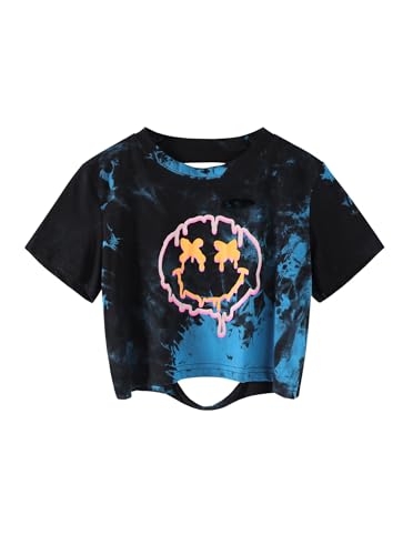 Ecolala Girls Graphic Crop Top Tween Short Sleeve Cropped T Shirt Tie Dye Tee for Dance Hip Hop Concert Black Blue 9-10 Years