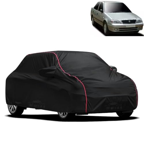 Image of Waterproof Car Cover for Maruti Suzuki Esteem | All-Weather Protection, Dustproof & UV Resistant | Triple Stitched Mirror Pockets, Windproof Buckle Strap with Elastic Hem, Black-Red Piping