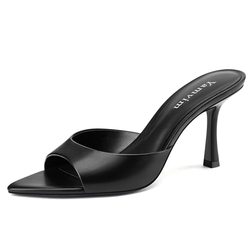 Image of Heel Mules for Women Pointed Open Toe High Heel Sandals | 3 Inch Peep Toe Slip On Backless Sexy Stiletto Heels for Party Wedding Daily Summer