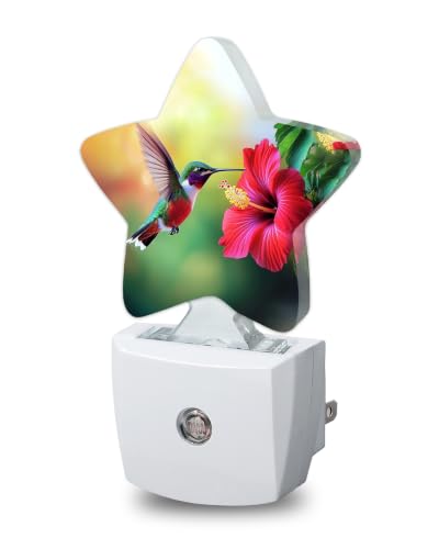 Image of Hummingbird Flower Plug in Star Night Light, Night Light with Sensor for Kids Nursery Bedroom, Decorative Soft Glow Lamp for Hallway Bathroom, Energy Saving