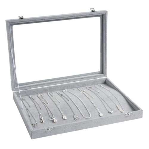 Wudygirl 20 Hooks Necklace Organizer Velvet Jewelry Organizer Showcase for Necklaces Jewelry Box Stackable Glass Top Lockable (Necklace Organizer)