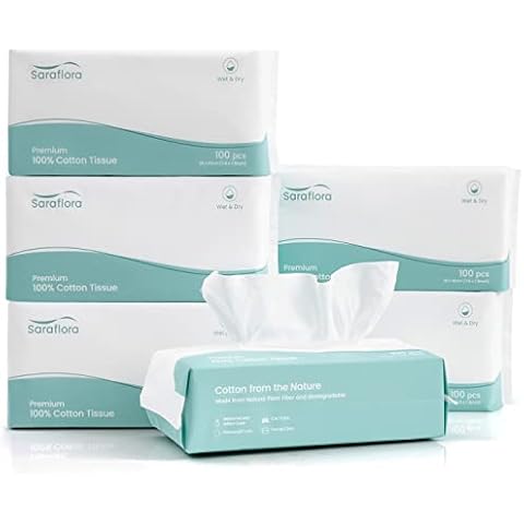 Saraflora 100% Cotton Facial Tissue Soft Dry Wipe 6 Pack, Use for Sensitive Skin Disposable Face Towel Extra Thick Dry and Wet Use Disposable Cotton Tissues for Washing Face Makeup Wipes（600 Count ） Cover
