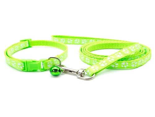 Small Dog Puppy Pet Collar and Lead Set Pawprint Design Nylon Adjustable Size 19-32cm Collar with Bell and 120cm Leash Fluorescent Bright Green - Image 2