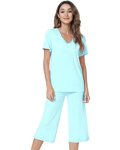 Image of NACHILA Bamboo Viscose Pajamas for Women Lace V Neck Capri Pants Pjs Set