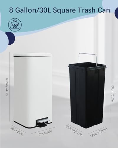 8 Gallon Square Trash Can with Lid, White Kitchen Trash Can with Soft Close, Stainless Steel Pedal 30 Liter Garbage Can for Home, Kitchen, Laundry Room, Office, Bedroom, Bathroom