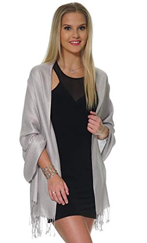 Pashmina Shawls And Wraps For Evening Dresses, Large Soft Pashmina Wedding Light Grey Silver Shawl #TOP3