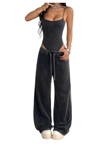 SOLY HUX Women's Y2k 2 Piece Set Sleeveless Bodysuit Drawstring