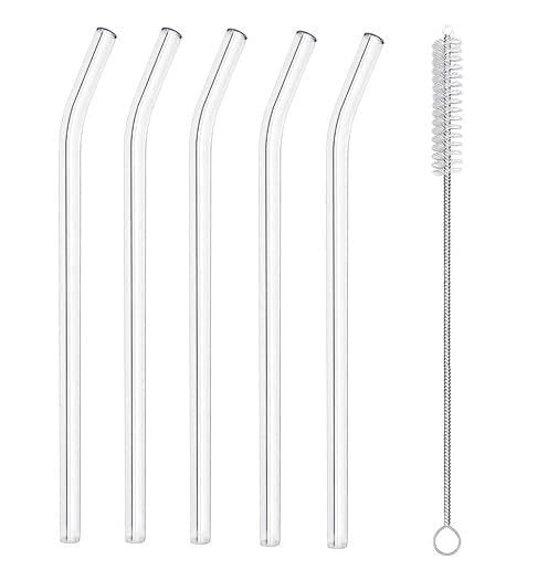 SpiderJuice 5pc Reusable Glass Drinking Straws with Cleaning Brush Eco-Friendly, BPA-Free Transparent Glass Straws for Juice, Smoothies & Cold Drinks Heat & Cold Resistant Glass Straws Set