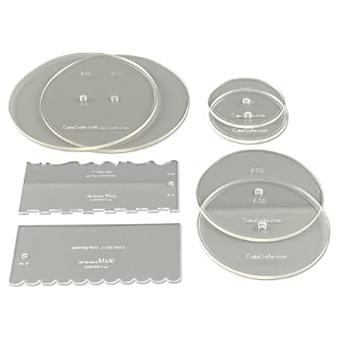 CAKESAFE Bare Necessities Cake Decorating Acrylic Disk Kit – 3 Sets - Round 4.25”, 6.25” and 8.25” Disk Sets (2 disks per size), 2-8" Icing Scrapers with 1 Scraper Edge and 3 Cake Comb Patterns Cover