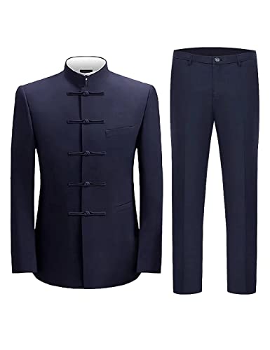 HUUTOE Chinese Tunic Suits Mandarin Collar Suit for Men 2 Pieces Formal Traditional Uniform for Wedding Festival New Year, Z1-navy, 44