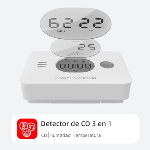 Miniatura 2 de Cpvan Detector De Monóxido De Carbono 3 En 1, 10 Años Co Gas Alarma Con Batería Reemplazable, Detector De Co Con Temperatura Y Humedad, Norma Europea En50291