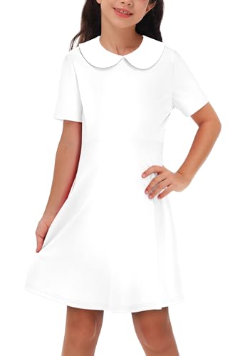 Remimi Girls White Dress Peter Pan Collar Dresses Short Sleeve T-Shirt Dress 9-10 Years