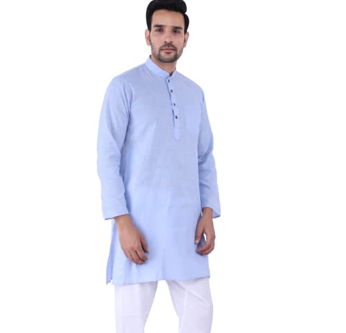 Image of Sadree Men's Cotton Long Solid Color Plain Knee Length Mandrin Collor Full Sleeve Ethnic Kurta Only