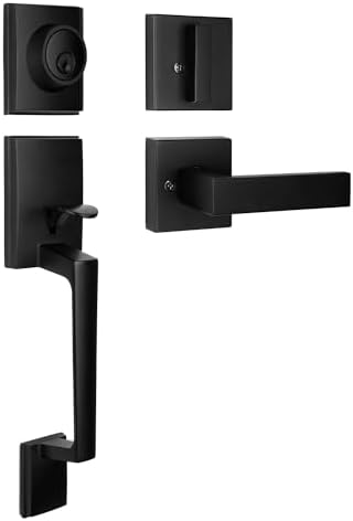 HOSOM Front Door Handle Set With Deadbolt – Matte Black, Reversible Lever, Single Cylinder, Fits Standard Doors