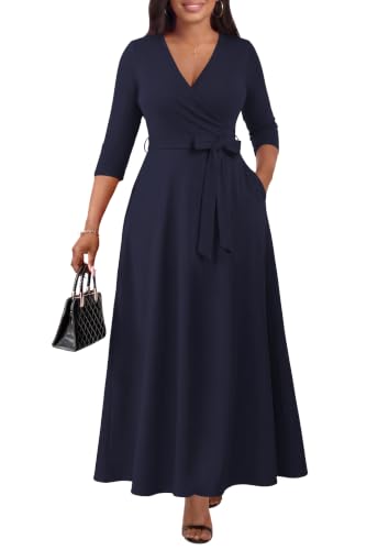 Image of FANDEE Plus Size Maxi Dress for Women Casual Summer Sundress V-Neck 3 /4 Sleeve | Print Fitted Wrap Dress with Pockets & Belt, Semi-Formal,3 /4-Sleeve V-Neck