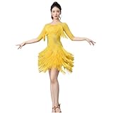 Tytyozay Conjunto De Baile Latino para Mujer con Flecos, Vestido De Competición con Escote En V Y Detalles De Strass, Mangas 3/4 Y Falda De Vuelo En Capas para Cha Cha Rumba Y Samba,Amarillo,L