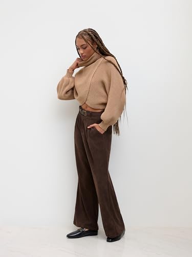 CIDER Cropped Sweaters for Women Turtleneck Sweater Long Sleeve Ribbed Knit Lantern Sleeve Pullover Fall Outfits: Khaki, L4