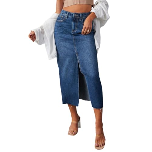 Women's Long Denim Skirt Slit Front High Waist Frayed Raw Hem Midi Jean Skirt Casual Pencil Skirt with Pockets