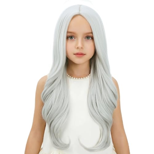 Image of Sliver Gray Wig Long Slive Grey Wavy Curly Wig Long Middle Part Wigs Heat Resistant Synthetic Wigs with Cap (Small Size)
