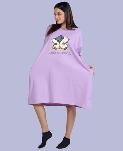 Image of LAMA STORE Women's Printed Oversized T-Shirt Dress, Cotton, 3 /4 Sleeve Length, Casual Loose Fit, Comfort Wear Extra Comfy Oversized Printed Pocket T-Shirt Dress