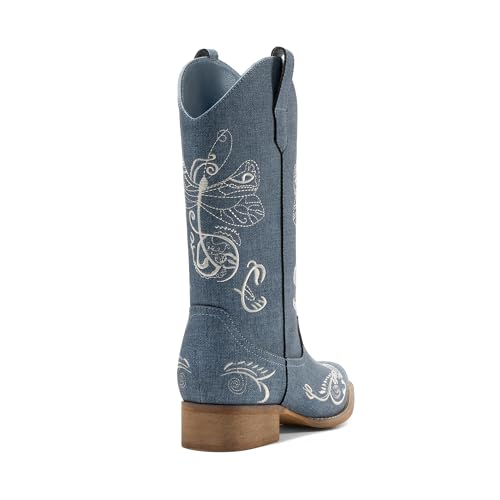 Image of DREAM PAIRS Women's Square Toe Cowboy Cowgirl Boots Pull On Low Chunky Heel Mid Calf Western Boots with Embroidered Stitched for Theme Party Country Concert