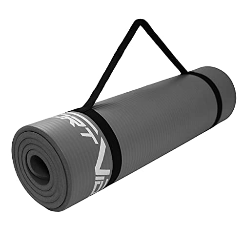 SportVida Tappetino da yoga antiscivolo extra spesso, tappetino da yoga con morbida schiuma – tappetino in gomma NBR – spesso tappetino da ginnastica per la casa con tracolla (grigio,180x60x1 cm)