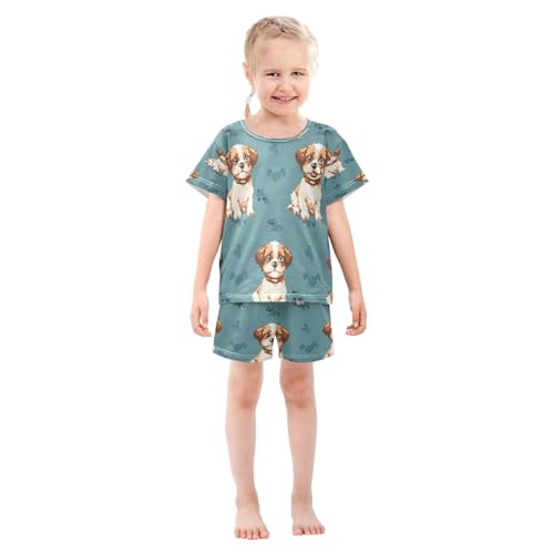 senya Short Sleeve Pajamas Sets Summer Cotton Sleepwear Brown White Puppy3