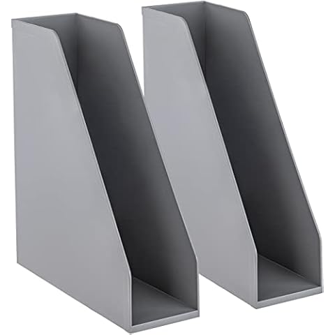 carrotez Open Front Magazine File Holder, Plastic Magazine Rack, Vertical File Organizers for Desk, Office Organization Essentials, 10.8" x 3.7" x 12.6" - 2 Pack, Grey Cover