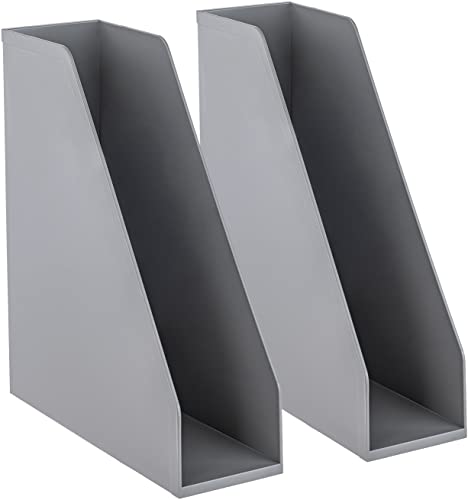 carrotez Open Front Magazine File Holder, Plastic Magazine Rack, Vertical File Organizers for Desk, Office Organization Essentials, 10.8" x 3.7" x 12.6" - 2 Pack, Grey