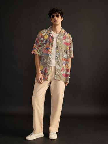 Image of The Souled Store Garfield: Pirate's Cove Men and Boys Short Sleeve Spread Collar Button Front Beige All Over Printed Rayon Oversized Shirts