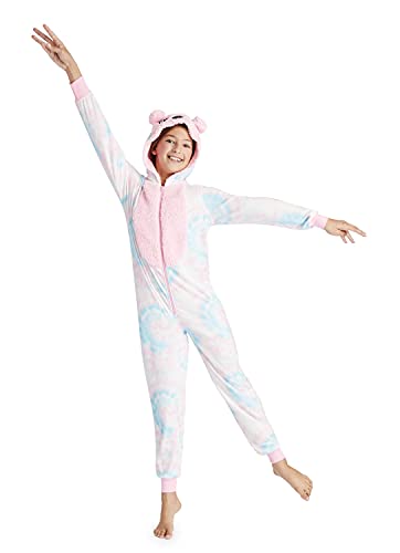 Girls Plush Fleece Hooded Onesie Sleepwear, Footless, Half Zip Kids Pajamas, Pink Koala, L #TOP3