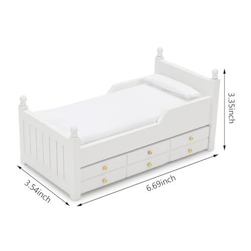 Cutemini DJ0077 Dollhouse Miniature Bed With Drawer 1:12 Wooden Furniture European Bedroom Bedding Furniture Accessories With Pillow & Mattresses Vintage Floral Fabric Mini House Decoration thumb #5