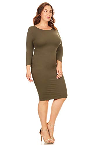 Image of ICONOFLASH Women's 3 /4 Sleeves Midi Bodycon Dress Crew Neck Fitted Dresses with Plus Size Options