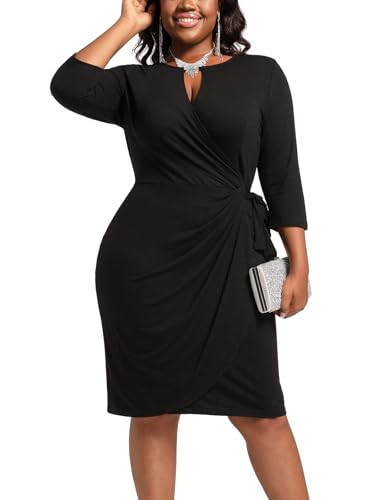 Younrui Women's Plus Size Black Cocktail Dresses V-Neck Keyhole 3/4 Sleeve Faux Wrap Midi Belted Sheath Work Dress(1XL-1030-Black)