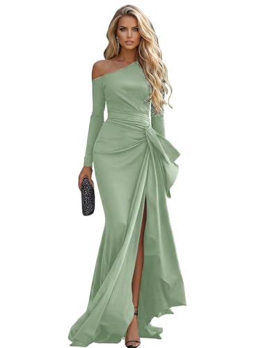 Bddhkw One Shoulder Prom Dresses for Women 2026 Satin Mermaid Formal Gowns Long Sleeve Evening Dress with Slit Sage Green 16
