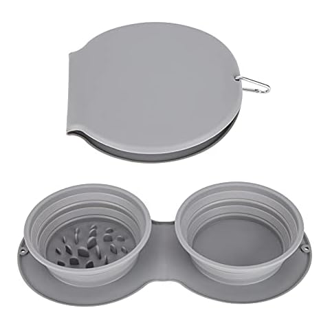 Bulaned Double Collapsible Dog Bowl, Portable Travel Pet Slow Feeder Bowls, 2-in-1 Silicone Pet Bowl Cover