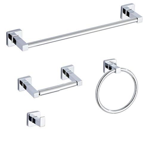 Chrome Bathroom Hardware Set 4 Pieces Towel Bar Set Stainless Steel Wall Mounted Includes 16In Hand Towel Bar Towel Ring Robe Towel Hooks Toilet Paper Holder Bathroom Towel Rack Set