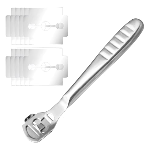 Stainless Steel Foot File Callus Remover, Pedicure Tool with 10 Replacement Heads, Foot Exfoliating File and Hard Skin Remover, Portable Heel Care Tool for Smooth Feet