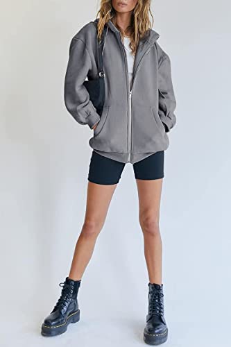 AUTOMET Womens Zip Up Hoodies Long Sleeve Fall Oversized Sweatshirts Fleece Y2K Jacket with Pockets 2024 Fashion Clothes Darkgrey, L