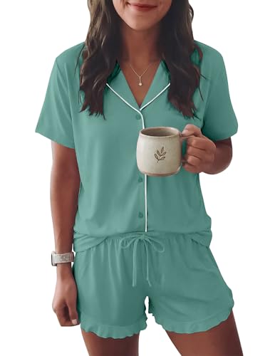 Image of Ekouaer Womens Pajama Sets Button Down Short Sleeve Top and Shorts Cute Ruffled Pjs Sets Sleepwear