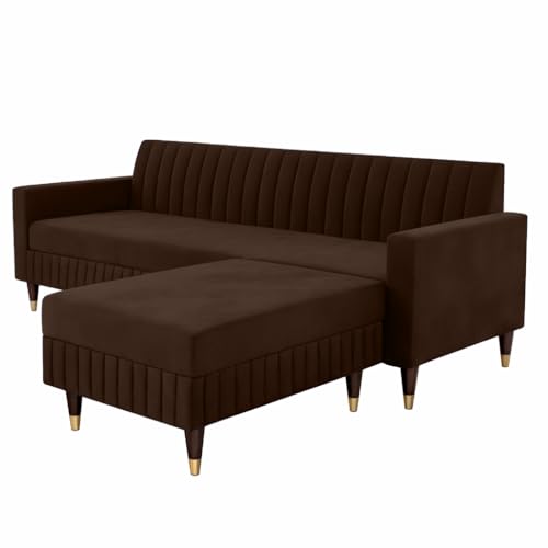 Image of AMATA Omega Solid Wood 4 SeaterL Shape Brown Suede Velvet Fabric Sofa Set with Four Cushions Perfect for Home Office Guests Living Room (03 Brown, Omega L Shape 4 SSEATER)(3 Year Warranty)