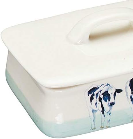 KitchenCraft Apple Farm Butter Dish with Lid, Hand-Finished 'Cora Cow' Ceramic, 14.5 x 9.5 x 10 cm, Cream / Green