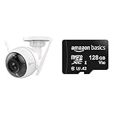 EZVIZ C3W 1080p Vision Nocturne en Couleur Caméra Surveillance WiFi Extérieur & Amazon Basics - Carte Mémoire MicroSDXC, 128 Go, avec Adaptateur SD, A2, U3, Vitesse de Lecture maximale de 100 Mo/s