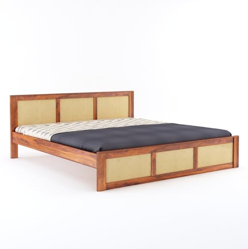 Image of Sheesham Wood Queen Size Cane Bed Without Storage Wooden Double Cot Palang Furniture for Bedroom Living Room Home Hotel (Honey Finish) 1 Year Warranty