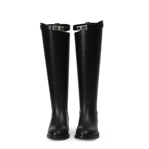 iiimmu Riding Boots for Women Silver Buckle Women's Knee High Boots Round Toe Faux Leather Motorcycle Style2